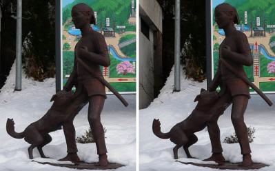 白虎隊の一人 酒井峰治と愛犬クマの像 平行法3Dステレオ立体写真