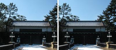 雪残る、皇居正門石橋 交差法3D立体ステレオ写真