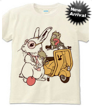 調べ物ウサギと愛車のベスパ ウサギ 線画イラスト ポップカラー Tシャツデザイン