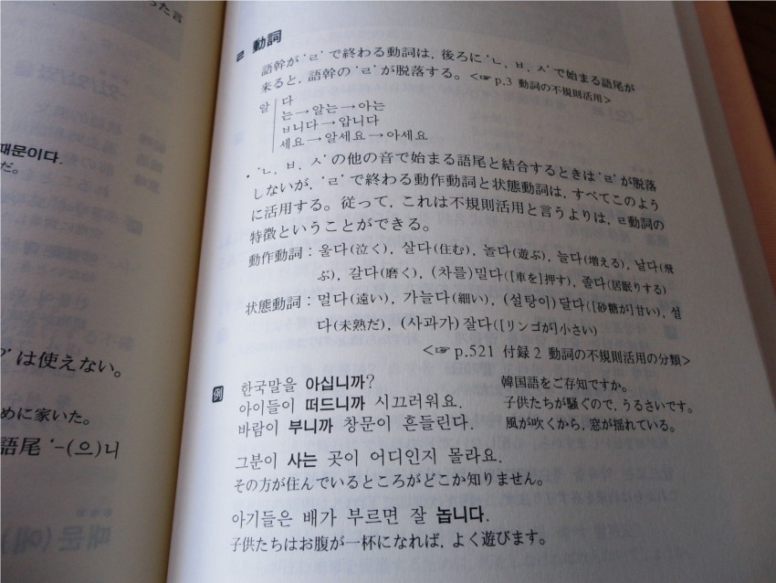 韓国語文法辞典の内容の一部