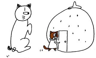 イチゴの家に入る猫のチョコとニャン太郎